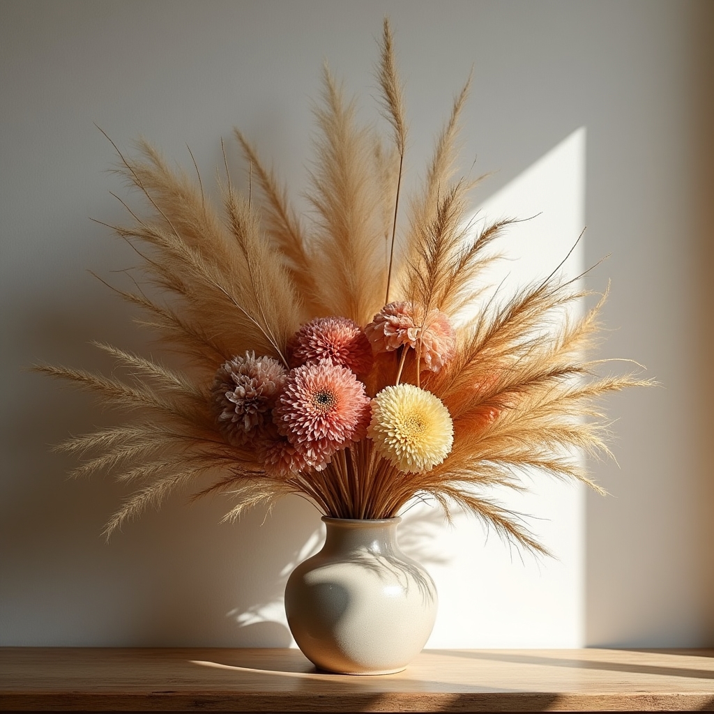 Komposition aus getrockneten Blumen und Gräsern in erdigen Farbtönen