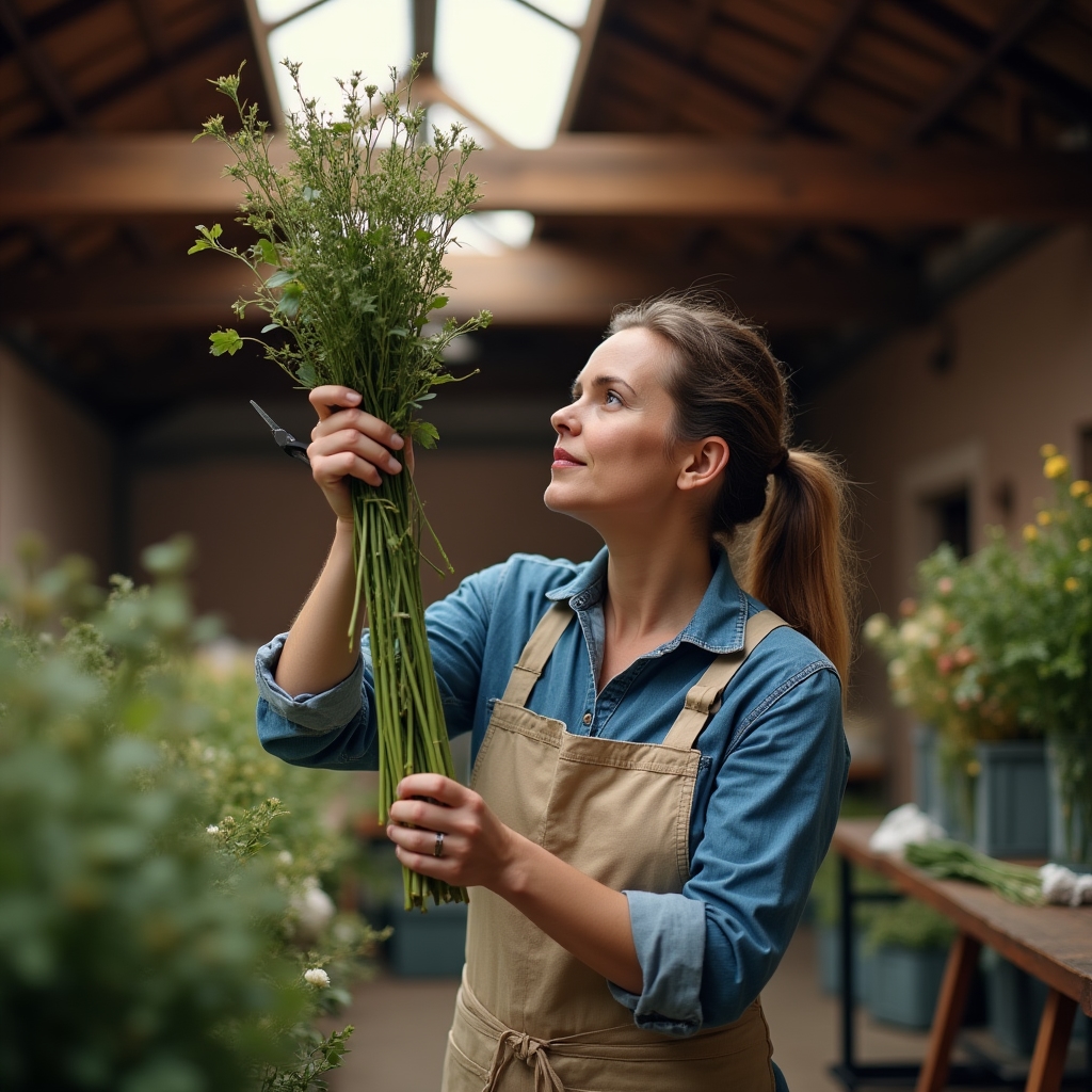 Floristin prüft frisch geschnittene Blumen in einer Scheune