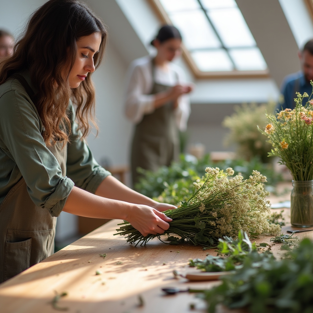 Teilnehmerin bindet einen saisonalen Strauß während eines Workshops